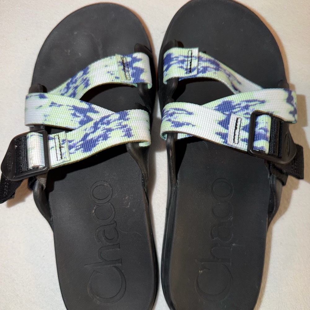 Chaco Black Sandals with Blue and Light Green Patterned Straps - 10